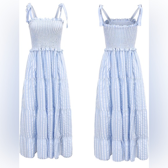 Cotton Adjustable Straps Boho Stripe Casual Flowy A Line Midi Dress with Pockets - Picture 7 of 15